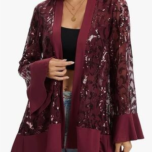 Sequin Sheer Bell Sleeve Kimono Cardigan